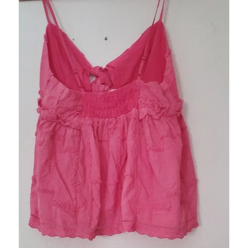 Islandhaze Pink Ruffled Elastic Back Front Keyhole Tie Size M Babydoll Top - Picture 5 of 8